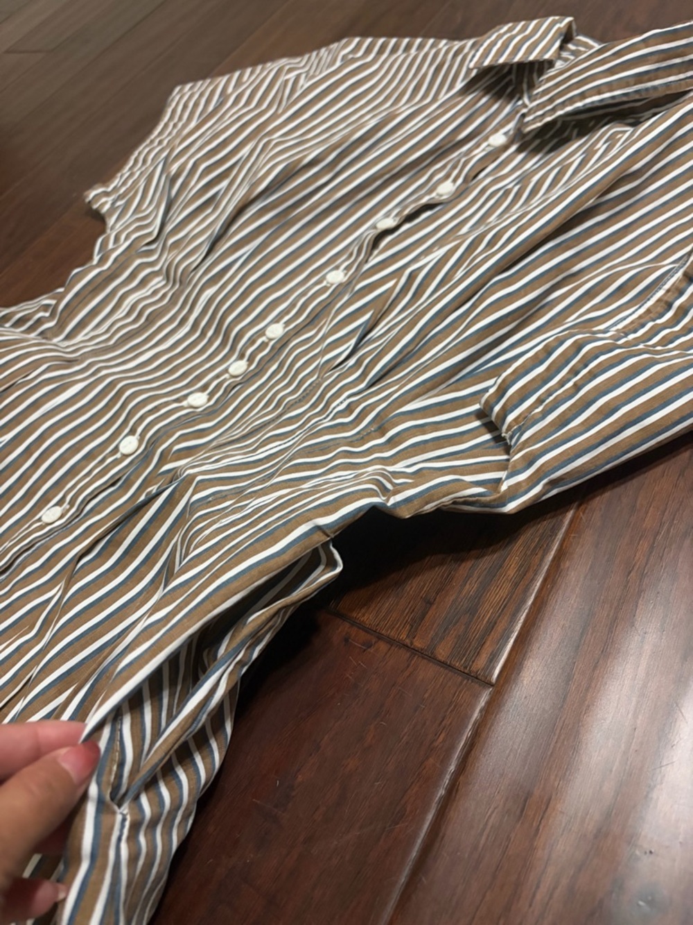 Striped Cotton Shirt Dress Brown Blue White Button Front Size S(A527) - Picture 13 of 13